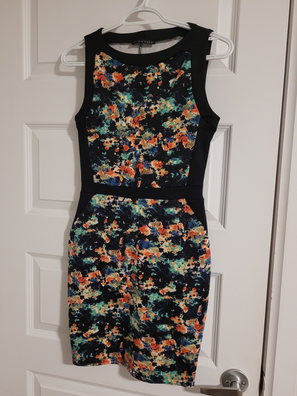 Sleeveless Floral Midi Sheath Dress - Black with Multicolor Print